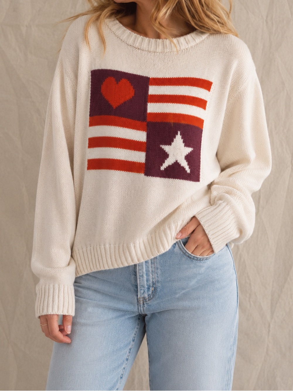 Vintage Americana Flag Sweater 🇺🇸 100% Cotton Oversized Knit Size Large